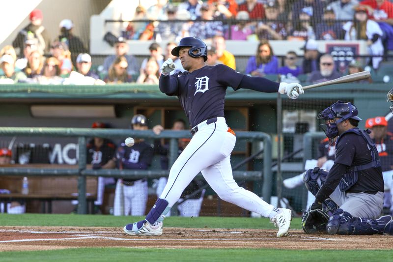 Mar 21, 2025; Lakeland, Florida, USA; Detroit Tigers outfielder Jahmai Jones (70) bats during the first inning against the New York Yankees at Publix Field at Joker Marchant Stadium. Mandatory Credit: Mike Watters-Imagn Images