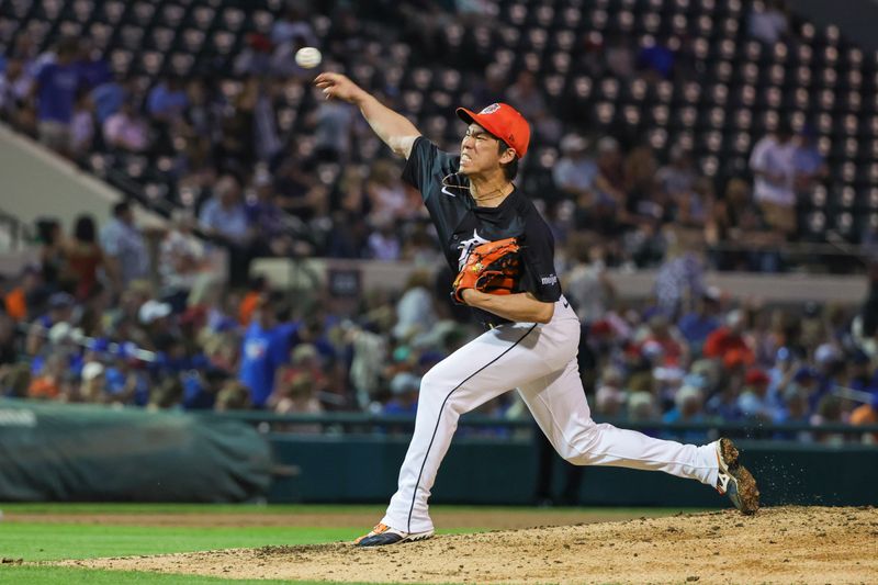 Mar 7, 2024; Lakeland, Florida, USA; Detroit Tigers starting pitcher Kenta Maeda (18) pitches during the third inning against the Toronto Blue Jays at Publix Field at Joker Marchant Stadium. Mandatory Credit: Mike Watters-USA TODAY Sports