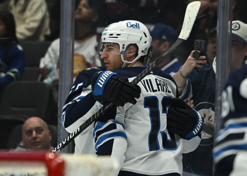 Feb 25, 2026; Vancouver, British Columbia, CAN; Winnipeg Jets center Gabriel Vilardi (13) celebrates a goal during the second period against the Vancouver Canucks at Rogers Arena. Mandatory Credit: Simon Fearn-Imagn Images