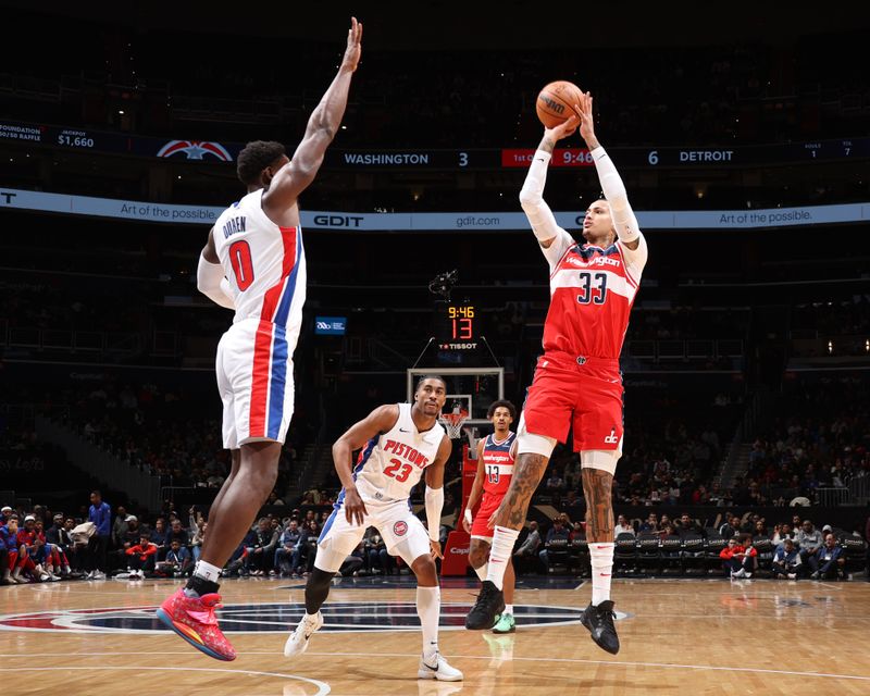 WASHINGTON, DC -? NOVEMBER 17: Kyle Kuzma #33 of the Washington Wizards shoots the ball during the game against the Detroit Pistons on November 17, 2024 at Capital One Arena in Washington, DC. NOTE TO USER: User expressly acknowledges and agrees that, by downloading and or using this Photograph, user is consenting to the terms and conditions of the Getty Images License Agreement. Mandatory Copyright Notice: Copyright 2024 NBAE (Photo by Stephen Gosling/NBAE via Getty Images)