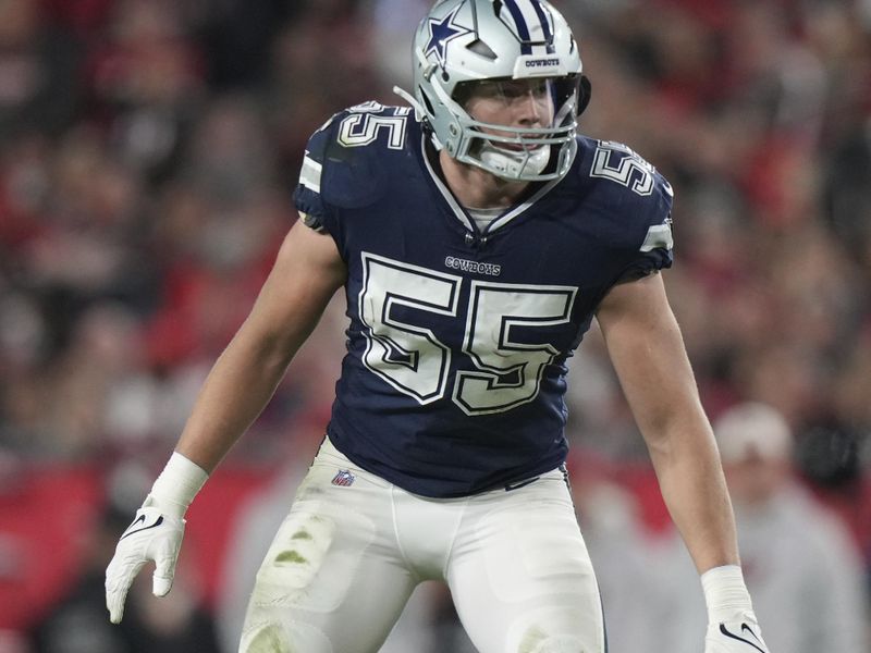 Dallas Cowboys linebacker Leighton Vander Esch (55) defense in the secondary as he eyes the quarterback during an NFL wild-card football game against the Tampa Bay Buccaneers, Monday, Jan. 16, 2023, in Tampa, Fla. (AP Photo/Peter Joneleit)