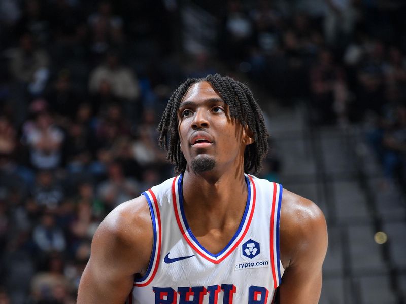 SAN ANTONIO, TX - APRIL 7: Tyrese Maxey #0 of the Philadelphia 76ers shoots a free throw during the game against the San Antonio Spurs on April 7, 2024 at the Frost Bank Center in San Antonio, Texas. NOTE TO USER: User expressly acknowledges and agrees that, by downloading and or using this photograph, user is consenting to the terms and conditions of the Getty Images License Agreement. Mandatory Copyright Notice: Copyright 2024 NBAE (Photos by Michael Gonzales/NBAE via Getty Images)