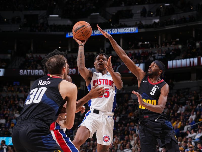 DENVER, CO - JANUARY 7: Marcus Sasser #25 of the Detroit Pistons drives to the basket during the game against the Denver Nuggets on January 7, 2024 at the Ball Arena in Denver, Colorado. NOTE TO USER: User expressly acknowledges and agrees that, by downloading and/or using this Photograph, user is consenting to the terms and conditions of the Getty Images License Agreement. Mandatory Copyright Notice: Copyright 2024 NBAE (Photo by Bart Young/NBAE via Getty Images)