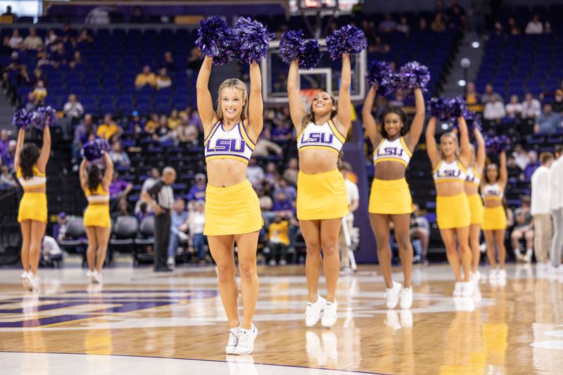 Nov 27, 2022; Baton Rouge, Louisiana, USA; LSU Tigers cheerleaders perform for the fans on a time out during the game against the Wofford Terriers during the first half at Pete Maravich Assembly Center. Mandatory Credit: Stephen Lew-USA TODAY Sports