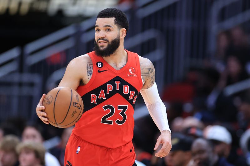 HOUSTON, TEXAS - FEBRUARY 03: Fred VanVleet #23 of the Toronto Raptors controls the ball against the Houston Rockets during the second half at Toyota Center on February 03, 2023 in Houston, Texas. NOTE TO USER: User expressly acknowledges and agrees that, by downloading and or using this photograph, User is consenting to the terms and conditions of the Getty Images License Agreement. (Photo by Carmen Mandato/Getty Images)