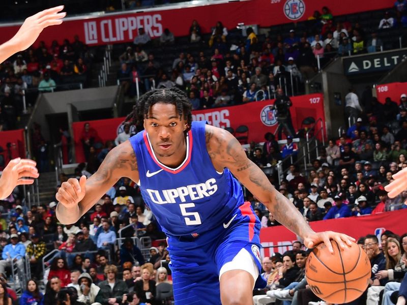 LOS ANGELES, CA - APRIL 5:  Bones Hyland #5 of the LA Clippers goes to the basket during the game on April 5, 2024 at Crypto.Com Arena in Los Angeles, California. NOTE TO USER: User expressly acknowledges and agrees that, by downloading and/or using this Photograph, user is consenting to the terms and conditions of the Getty Images License Agreement. Mandatory Copyright Notice: Copyright 2024 NBAE (Photo by Adam Pantozzi/NBAE via Getty Images)