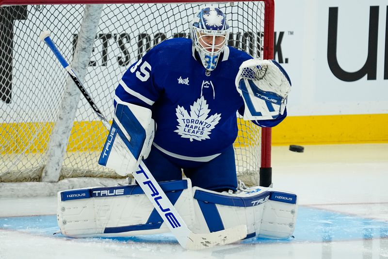 Apr 24, 2024; Toronto, Ontario, CAN; Toronto Maple Leafs goaltender Ilya Samsonov (35) makes a save during warm-up of game three of the first round of the 2024 Stanley Cup Playoffs against the Boston Bruins at Scotiabank Arena. Mandatory Credit: John E. Sokolowski-USA TODAY Sports