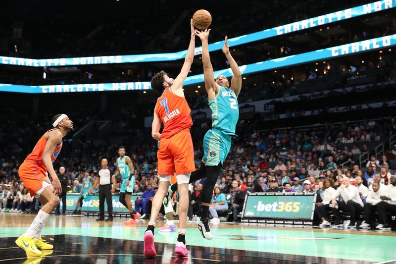 CHARLOTTE, NC - APRIL 7: Grant Williams #2 of the Charlotte Hornets shoots the ball during the game against the Oklahoma City Thunder on April 7, 2024 at Spectrum Center in Charlotte, North Carolina. NOTE TO USER: User expressly acknowledges and agrees that, by downloading and or using this photograph, User is consenting to the terms and conditions of the Getty Images License Agreement.  Mandatory Copyright Notice:  Copyright 2024 NBAE (Photo by Brock Williams-Smith/NBAE via Getty Images)