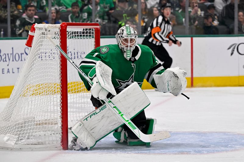 Apr 5, 2025; Dallas, Texas, USA; Dallas Stars goaltender Casey DeSmith (1) faces the Pittsburgh Penguins attack during the third period at the American Airlines Center. Mandatory Credit: Jerome Miron-Imagn Images