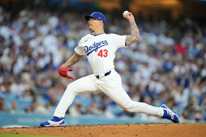 Jun 15, 2024; Los Angeles, California, USA; Los Angeles Dodgers relief pitcher Anthony Banda (43) throws in the seventh inning against the Kansas City Royals at Dodger Stadium. Mandatory Credit: Kirby Lee-USA TODAY Sports