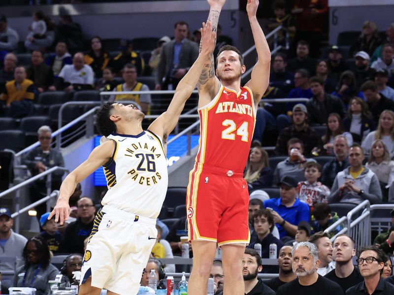 INDIANAPOLIS, INDIANA - FEBRUARY 01: Garrison Mathews #24 of the Atlanta Hawks takes a shot over Ben Sheppard #26 of the Indiana Pacers during the first half at Gainbridge Fieldhouse on February 01, 2025 in Indianapolis, Indiana. NOTE TO USER: User expressly acknowledges and agrees that, by downloading and or using this photograph, User is consenting to the terms and conditions of the Getty Images License Agreement. (Photo by Justin Casterline/Getty Images)