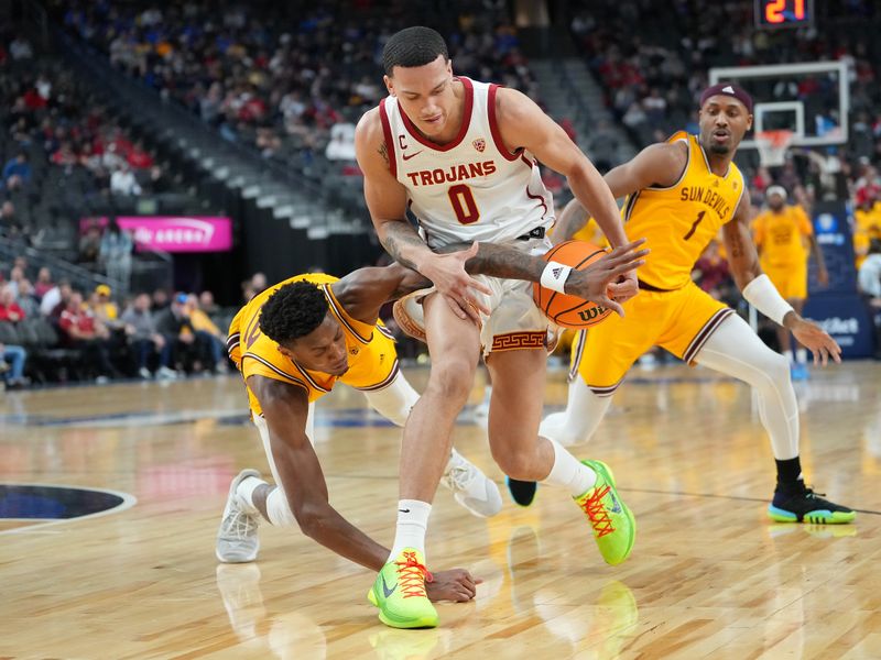 Mar 9, 2023; Las Vegas, NV, USA; USC Trojans forward Kobe Johnson (0) loses the ball between Arizona State Sun Devils forward Alonzo Gaffney (32) and Arizona State Sun Devils guard Luther Muhammad (1) during the first half at T-Mobile Arena. Mandatory Credit: Stephen R. Sylvanie-USA TODAY Sports