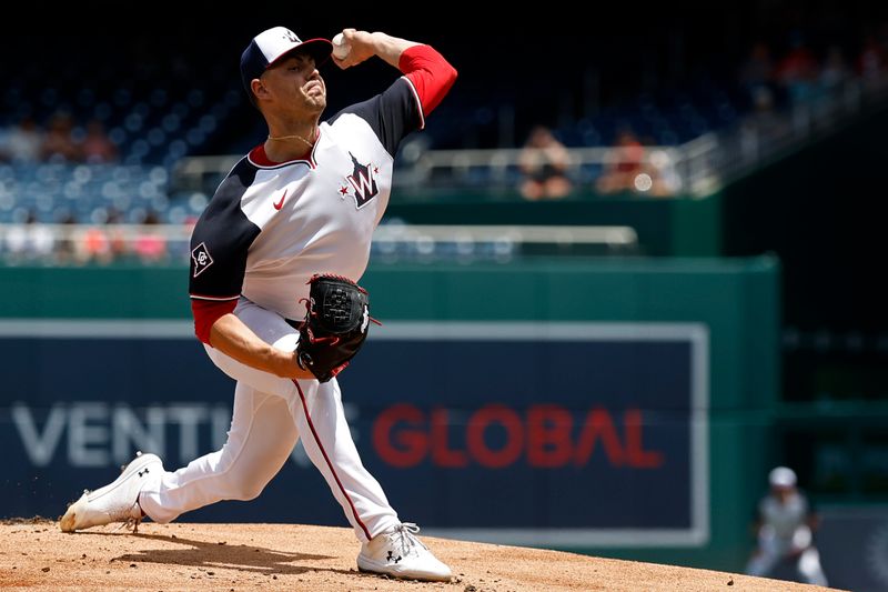 Jun 20, 2024; Washington, District of Columbia, USA; Washington Nationals starting pitcher MacKenzie Gore (1) pitches against the Arizona Diamondbacks during the first inning at Nationals Park. Mandatory Credit: Geoff Burke-USA TODAY Sports
