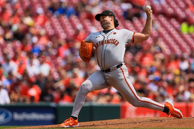 Aug 4, 2024; Cincinnati, Ohio, USA; San Francisco Giants starting pitcher Robbie Ray (23) pitches against the Cincinnati Reds in the first inning at Great American Ball Park. Mandatory Credit: Katie Stratman-USA TODAY Sports