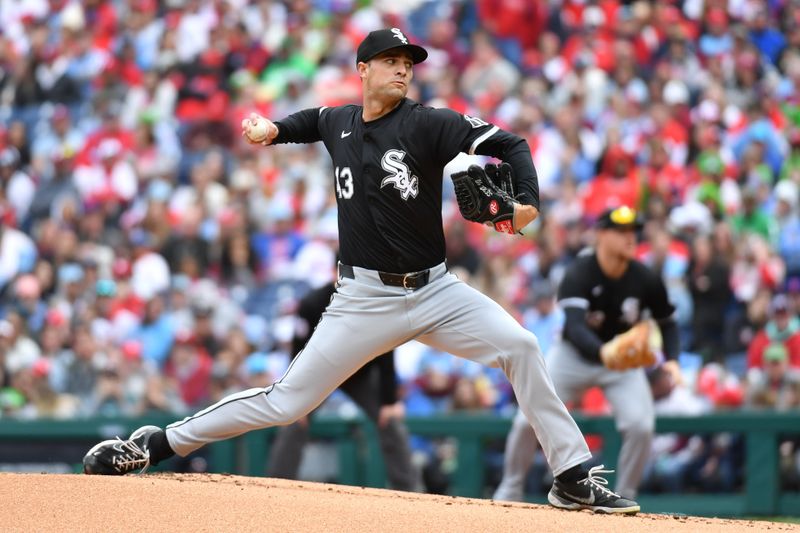 Apr 21, 2024; Philadelphia, Pennsylvania, USA; Chicago White Sox pitcher Nick Nastrini (43) throws a pitch during the first inning against the Philadelphia Phillies at Citizens Bank Park. Mandatory Credit: Eric Hartline-USA TODAY Sports