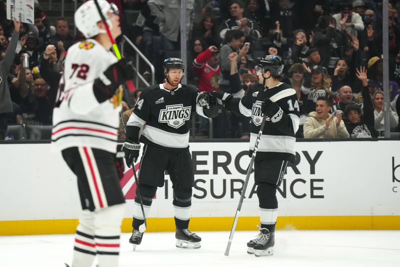 Nov 2, 2024; Los Angeles, California, USA; LA Kings defenseman Mikey Anderson (44) and right wing Alex Laferriere (14) celebrate after a goal against the Chicago Blackhawks in the second period at Crypto.com Arena. Mandatory Credit: Kirby Lee-Imagn Images