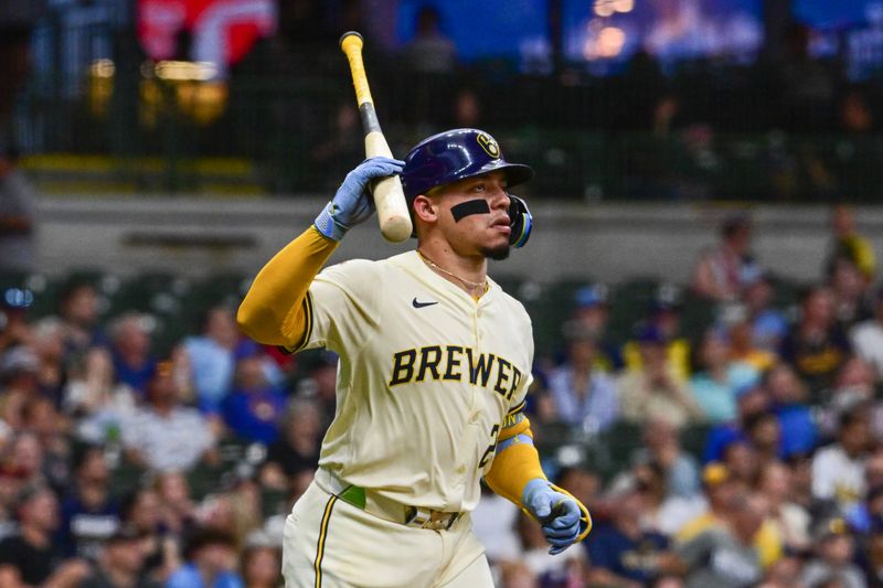 Jun 24, 2025; Milwaukee, Wisconsin, USA; Milwaukee Brewers catcher William Contreras (24) reacts after hitting a popup in the fourth inning against the Pittsburgh Pirates at American Family Field. Mandatory Credit: Benny Sieu-Imagn Images