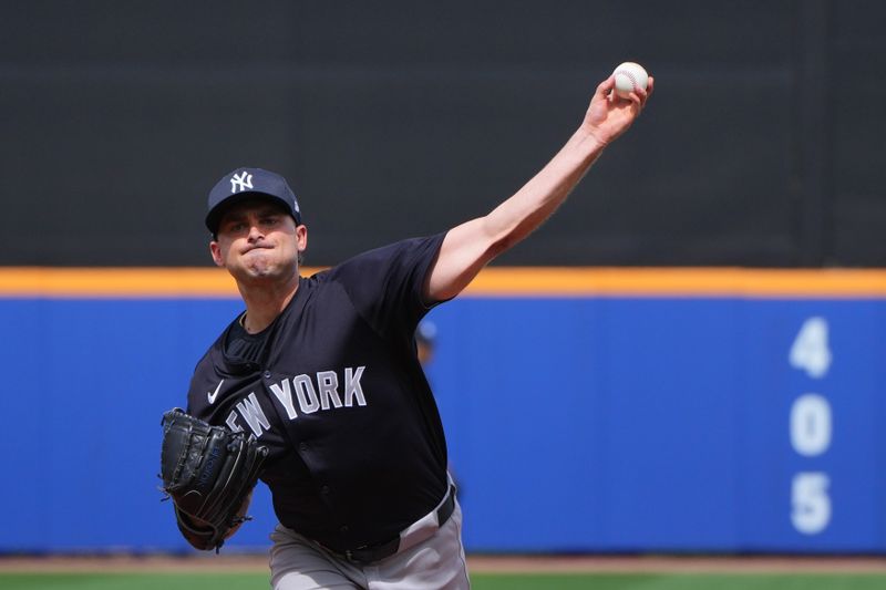 Mar 5, 2024; Port St. Lucie, Florida, USA;  New York Yankees pitcher Tanner Tully (84) warms-up before the bottom of the first inning against the New York Mets at Clover Park. Mandatory Credit: Jim Rassol-USA TODAY Sports