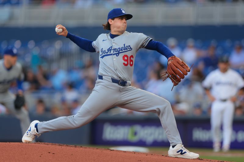 May 5, 2025; Miami, Florida, USA; Los Angeles Dodgers starting pitcher Landon Knack (96) delivers a pitch against the Miami Marlins during the first inning at loanDepot Park. Mandatory Credit: Sam Navarro-Imagn Images