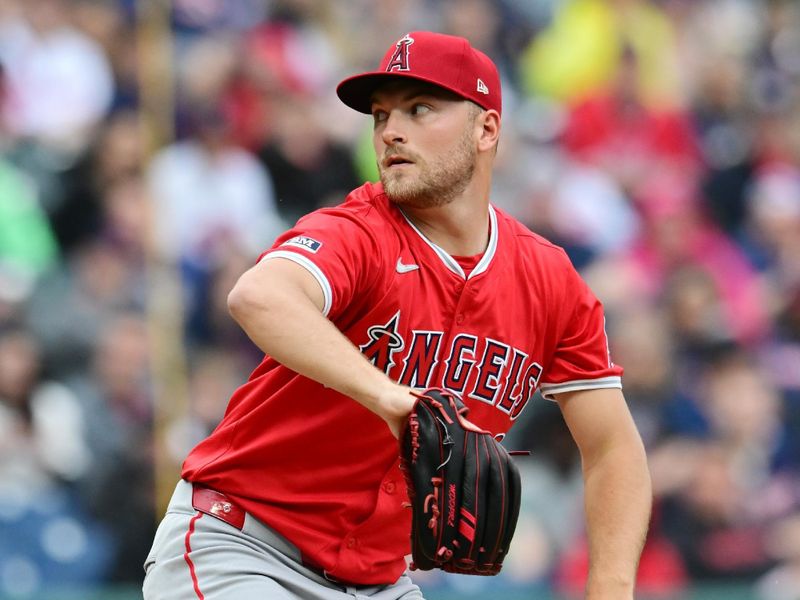 May 4, 2024; Cleveland, Ohio, USA; Los Angeles Angels starting pitcher Reid Detmers (48) throws a pitch during the first inning against the Cleveland Guardians at Progressive Field. Mandatory Credit: Ken Blaze-USA TODAY Sports