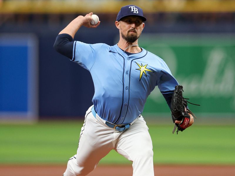 Apr 14, 2024; St. Petersburg, Florida, USA;  Tampa Bay Rays pitcher Shawn Armstrong (64) throws a pitch against the San Francisco Giants in the first inning at Tropicana Field. Mandatory Credit: Nathan Ray Seebeck-USA TODAY Sports