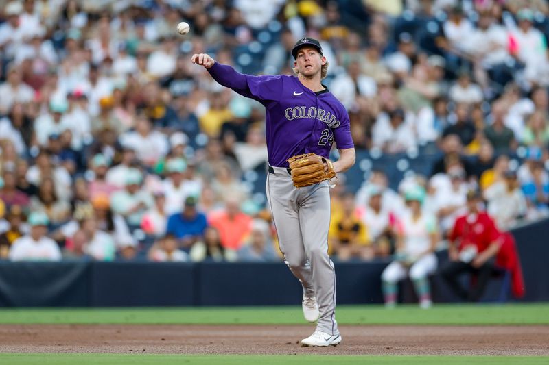 Aug 2, 2024; San Diego, California, USA; Colorado Rockies third baseman Ryan McMahon (24) makes a throw to first base for an out during the first inning against the San Diego Padres at Petco Park. Mandatory Credit: David Frerker-USA TODAY Sports