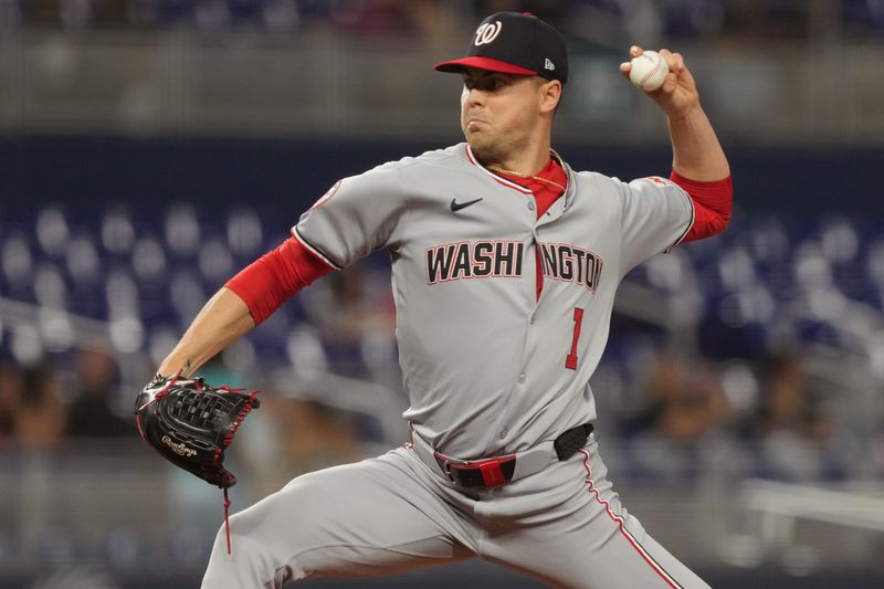 Sep 11, 2025; Miami, Florida, USA;  Washington Nationals starting pitcher MacKenzie Gore (1) pitches in the first inning against the Miami Marlins at loanDepot Park. Mandatory Credit: Jim Rassol-Imagn Images