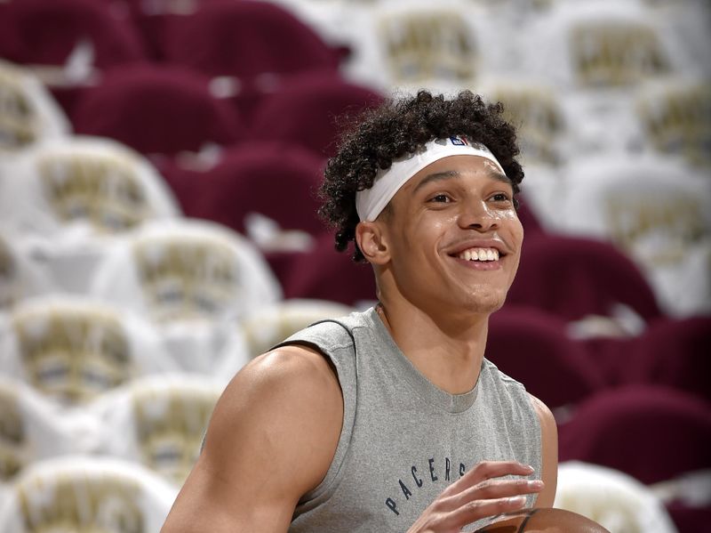 CLEVELAND, OH - MAY 6: Enrique Freeman #8 of the Indiana Pacers smiles before the game against the Cleveland Cavaliers during Round Two Game Two of the 2025 NBA Playoffs on May 6, 2025 at Rocket Arena in Cleveland, Ohio. NOTE TO USER: User expressly acknowledges and agrees that, by downloading and/or using this Photograph, user is consenting to the terms and conditions of the Getty Images License Agreement. Mandatory Copyright Notice: Copyright 2025 NBAE (Photo by David Liam Kyle/NBAE via Getty Images)