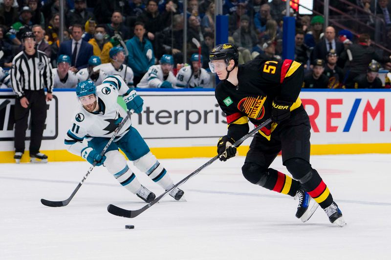 Dec 23, 2023; Vancouver, British Columbia, CAN; San Jose Sharks forward Luke Kunin (11) watches as Vancouver Canucks defenseman Tyler Myers (57) handles the puck in the third period at Rogers Arena. Canucks won 7-4. Mandatory Credit: Bob Frid-USA TODAY Sports