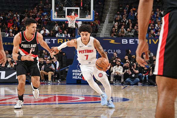 DETROIT, MI - NOVEMBER 1: Killian Hayes #7 of the Detroit Pistons dribbles the ball during the game against the Portland Trail Blazers on November 1, 2023 at Little Caesars Arena in Detroit, Michigan. NOTE TO USER: User expressly acknowledges and agrees that, by downloading and/or using this photograph, User is consenting to the terms and conditions of the Getty Images License Agreement. Mandatory Copyright Notice: Copyright 2023 NBAE (Photo by Chris Schwegler/NBAE via Getty Images)