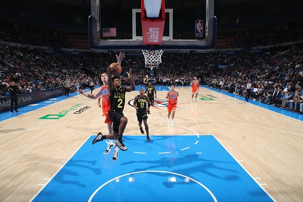 OKLAHOMA CITY, OK - DECEMBER 11: Colin Sexton #2 of the Utah Jazz drives to the basket during the game against the Oklahoma City Thunder on December 11, 2023 at Paycom Arena in Oklahoma City, Oklahoma. NOTE TO USER: User expressly acknowledges and agrees that, by downloading and or using this photograph, User is consenting to the terms and conditions of the Getty Images License Agreement. Mandatory Copyright Notice: Copyright 2023 NBAE (Photo by Zach Beeker/NBAE via Getty Images)