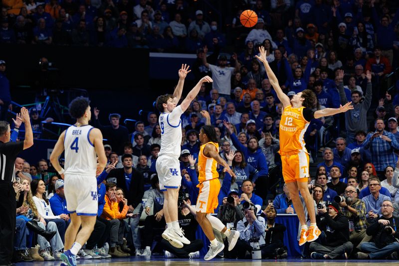 Feb 11, 2025; Lexington, Kentucky, USA; Kentucky Wildcats forward Trent Noah (9) shoots and makes a three point basket during the first half against the Tennessee Volunteers at Rupp Arena at Central Bank Center. Mandatory Credit: Jordan Prather-Imagn Images