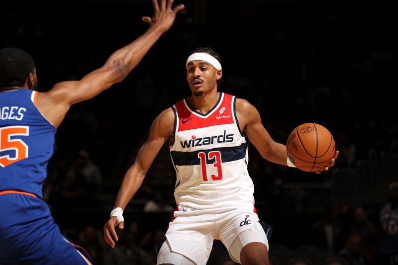 WASHINGTON, DC -? OCTOBER 18: Jordan Poole #13 of the Washington Wizards handles the ball during the game against the New York Knicks on October 18, 2024 at Capital One Arena in Washington, DC. NOTE TO USER: User expressly acknowledges and agrees that, by downloading and or using this Photograph, user is consenting to the terms and conditions of the Getty Images License Agreement. Mandatory Copyright Notice: Copyright 2024 NBAE (Photo by Stephen Gosling/NBAE via Getty Images)