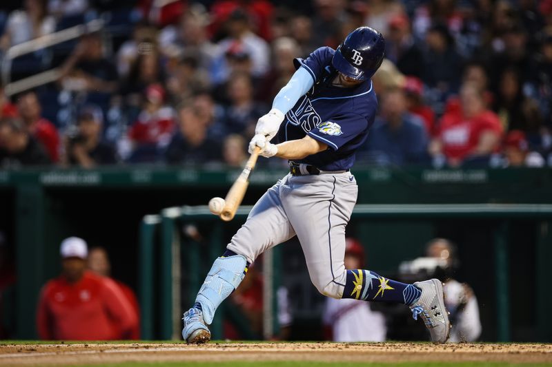 Apr 3, 2023; Washington, District of Columbia, USA; Tampa Bay Rays second baseman Brandon Lowe (8) at bat against the Washington Nationals during the second inning at Nationals Park. Mandatory Credit: Scott Taetsch-USA TODAY Sports