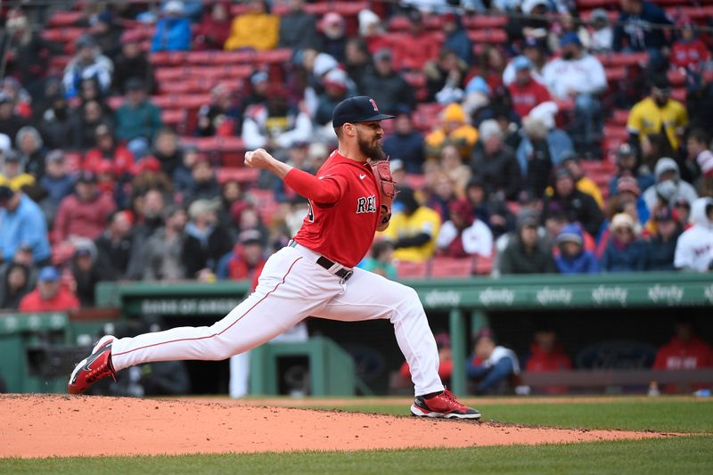 Apr 5, 2023; Boston, Massachusetts, USA; Boston Red Sox relief pitcher John Schreiber (46) pitches against the Pittsburgh Pirates during the fifth inning at Fenway Park. Mandatory Credit: Eric Canha-USA TODAY Sports