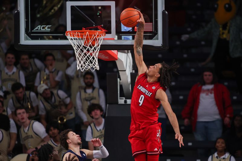 Feb 1, 2025; Atlanta, Georgia, USA; Louisville Cardinals forward Khani Rooths (9) attempts a dunk against the Georgia Tech Yellow Jackets in the second half at McCamish Pavilion. Mandatory Credit: Brett Davis-Imagn Images