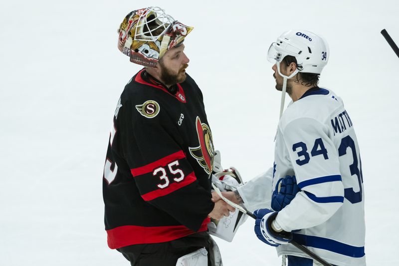 May 1, 2025; Ottawa, Ontario, CAN; Ottawa Senators goalie Linus Ullmark (35) shakes hands with Toronto Maple Leafs center Auston Matthews (34) following the Toronto Maple Leafs win in game six of the first round of the 2025 Stanley Cup Playoffs at Canadian Tire Centre. Mandatory Credit: Marc DesRosiers-Imagn Images