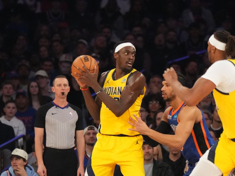 NEW YORK, NY - FEBRUARY 10: Pascal Siakam #43 of the Indiana Pacers looks to pass the ball during the game against the New York Knicks on February 10, 2024 at Madison Square Garden in New York City, New York.  NOTE TO USER: User expressly acknowledges and agrees that, by downloading and or using this photograph, User is consenting to the terms and conditions of the Getty Images License Agreement. Mandatory Copyright Notice: Copyright 2024 NBAE  (Photo by Jesse D. Garrabrant/NBAE via Getty Images)