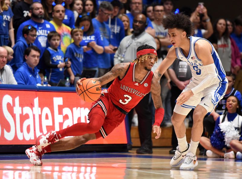 Feb 20, 2023; Durham, North Carolina, USA; Louisville Cardinals guard El Ellis (3) moves to the basket as Duke Blue Devils guard Tyrese Proctor(5) defends during the second half at Cameron Indoor Stadium. The Blue Devils won 79-62. Mandatory Credit: Rob Kinnan-USA TODAY Sports