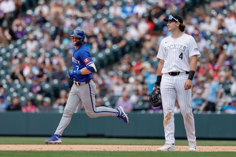 Jul 7, 2024; Denver, Colorado, USA; Kansas City Royals shortstop Bobby Witt Jr. (7) rounds the bases on a three run home run as Colorado Rockies first baseman Michael Toglia (4) looks on in the ninth inning at Coors Field. Mandatory Credit: Isaiah J. Downing-USA TODAY Sports