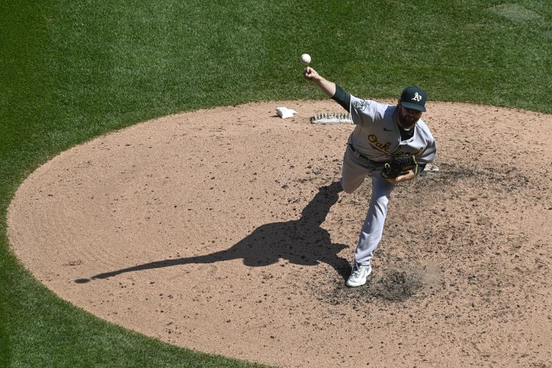 Aug 27, 2023; Chicago, Illinois, USA;  Oakland Athletics starting pitcher Paul Blackburn (58) delivers against the Chicago White Sox during the sixth inning at Guaranteed Rate Field. Mandatory Credit: Matt Marton-USA TODAY Sports