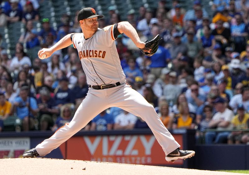 May 28, 2023; Milwaukee, Wisconsin, USA;  San Francisco Giants starting pitcher Alex Cobb (38) throws during the first inning of the game against the Milwaukee Brewers at American Family Field. Mandatory Credit: Mark Hoffman/Milwaukee Journal Sentinel-USA TODAY Sports