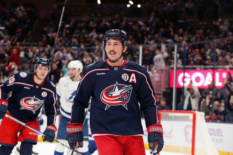 Nov 21, 2024; Columbus, Ohio, USA; Columbus Blue Jackets defenseman Zach Werenski (8) looks on  against the Tampa Bay Lightning during the second period at Nationwide Arena. Mandatory Credit: Russell LaBounty-Imagn Images