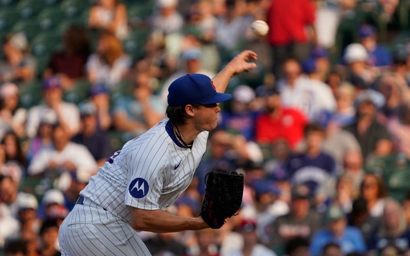 Aug 4, 2024; Chicago, Illinois, USA; Chicago Cubs pitcher Justin Steele (35) throws the ball against the St. Louis Cardinals during the first inning at Wrigley Field. Mandatory Credit: David Banks-USA TODAY Sports