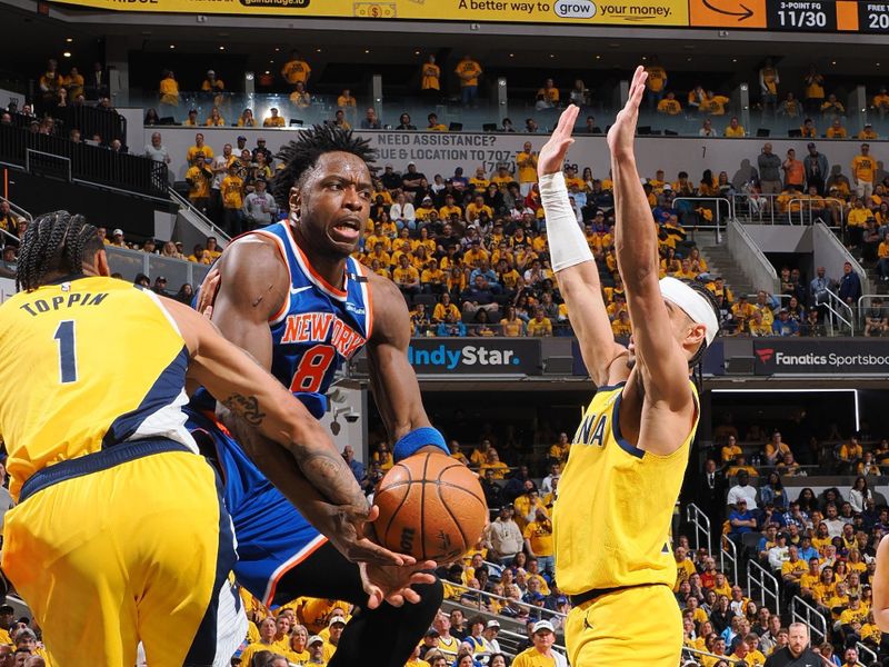 INDIANAPOLIS, IN - MAY 27:  OG Anunoby #8 of the New York Knicks drives to the basket during the game against the Indiana Pacers during Game Four of the Eastern Conference Finals on May 27, 2025 at Gainbridge Fieldhouse in Indianapolis, Indiana. NOTE TO USER: User expressly acknowledges and agrees that, by downloading and or using this Photograph, user is consenting to the terms and conditions of the Getty Images License Agreement. Mandatory Copyright Notice: Copyright 2025 NBAE (Photo by Ron Hoskins/NBAE via Getty Images)