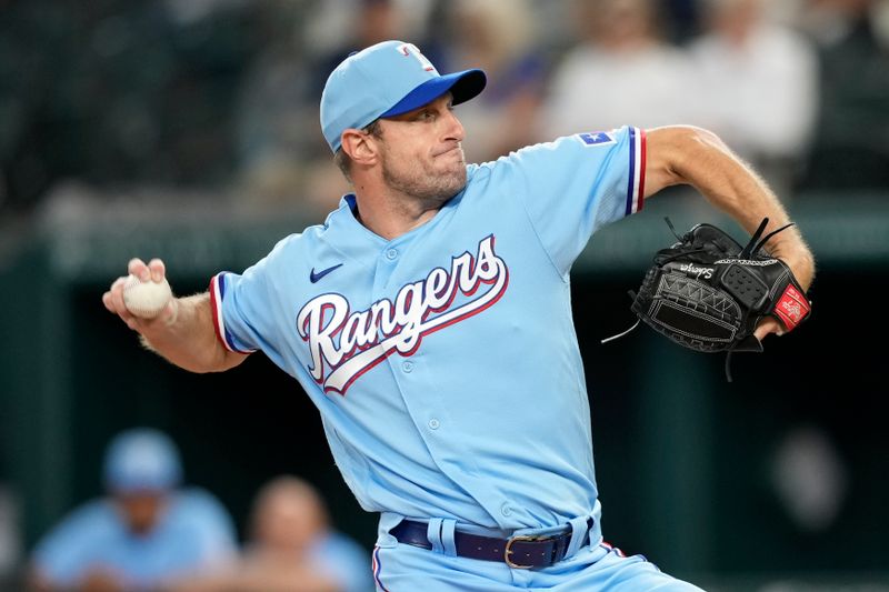 Aug 20, 2023; Arlington, Texas, USA; Texas Rangers starting pitcher Max Scherzer (31) delivers a pitch to the Milwaukee Brewers during the first inning at Globe Life Field. Mandatory Credit: Jim Cowsert-USA TODAY Sports