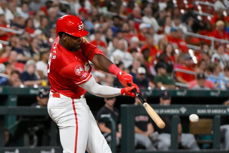 Sep 20, 2024; St. Louis, Missouri, USA;  St. Louis Cardinals right fielder Jordan Walker (18) hits a single against the Cleveland Guardians during the seventh inning at Busch Stadium. Mandatory Credit: Jeff Curry-Imagn Images