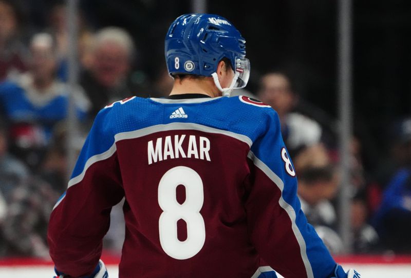 Nov 22, 2023; Denver, Colorado, USA; Detailed view of the back of Colorado Avalanche defenseman Cale Makar (8) during the first period against the Vancouver Canucks at Ball Arena. Mandatory Credit: Ron Chenoy-USA TODAY Sports