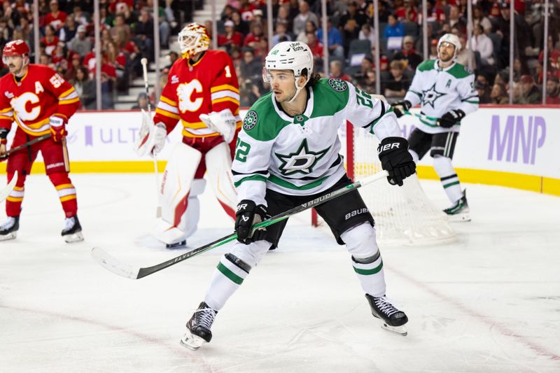Nov 22, 2025; Calgary, Alberta, CAN; Dallas Stars center Mavrik Bourque (22) skates against the Calgary Flames during the second period at Scotiabank Saddledome. Mandatory Credit: Brett Holmes-Imagn Images