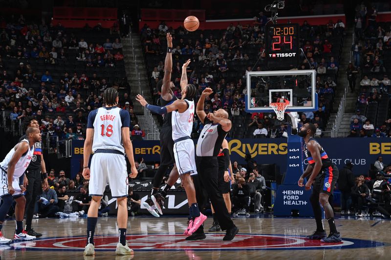 DETROIT, MI - MARCH 13: Jalen Duren #0 of the Detroit Pistons and Alexandre Sarr #20 of the Washington Wizards go up for the opening tip off on March 13, 2025 at Little Caesars Arena in Detroit, Michigan. NOTE TO USER: User expressly acknowledges and agrees that, by downloading and/or using this photograph, User is consenting to the terms and conditions of the Getty Images License Agreement. Mandatory Copyright Notice: Copyright 2025 NBAE (Photo by Chris Schwegler/NBAE via Getty Images)